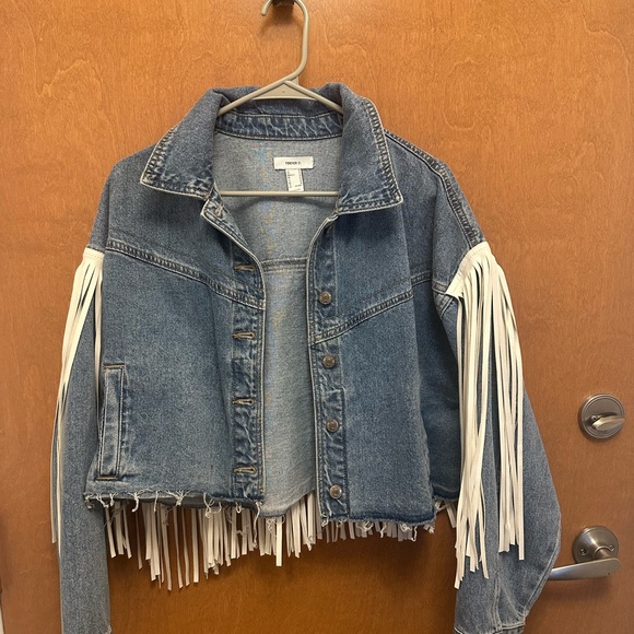 Forever 21 Blue Denim Jacket with White Fringe - Picture 1 of 4